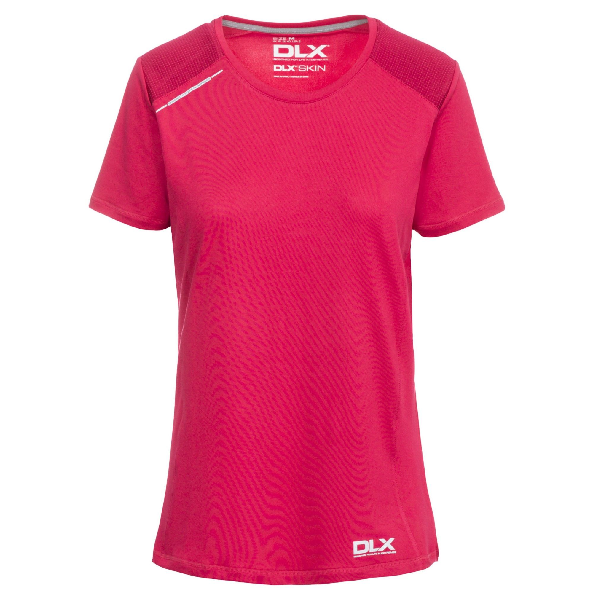 Short sleeves. Round neck. Contrast shoulder panels. Laser cut ventilation on centre back. Reflective printed logos. Quick dry. 95% Polyester/5% Elastane. Trespass Womens Chest Sizing (approx): XS/8 - 32in/81cm, S/10 - 34in/86cm, M/12 - 36in/91.4cm, L/14 - 38in/96.5cm, XL/16 - 40in/101.5cm, XXL/18 - 42in/106.5cm.