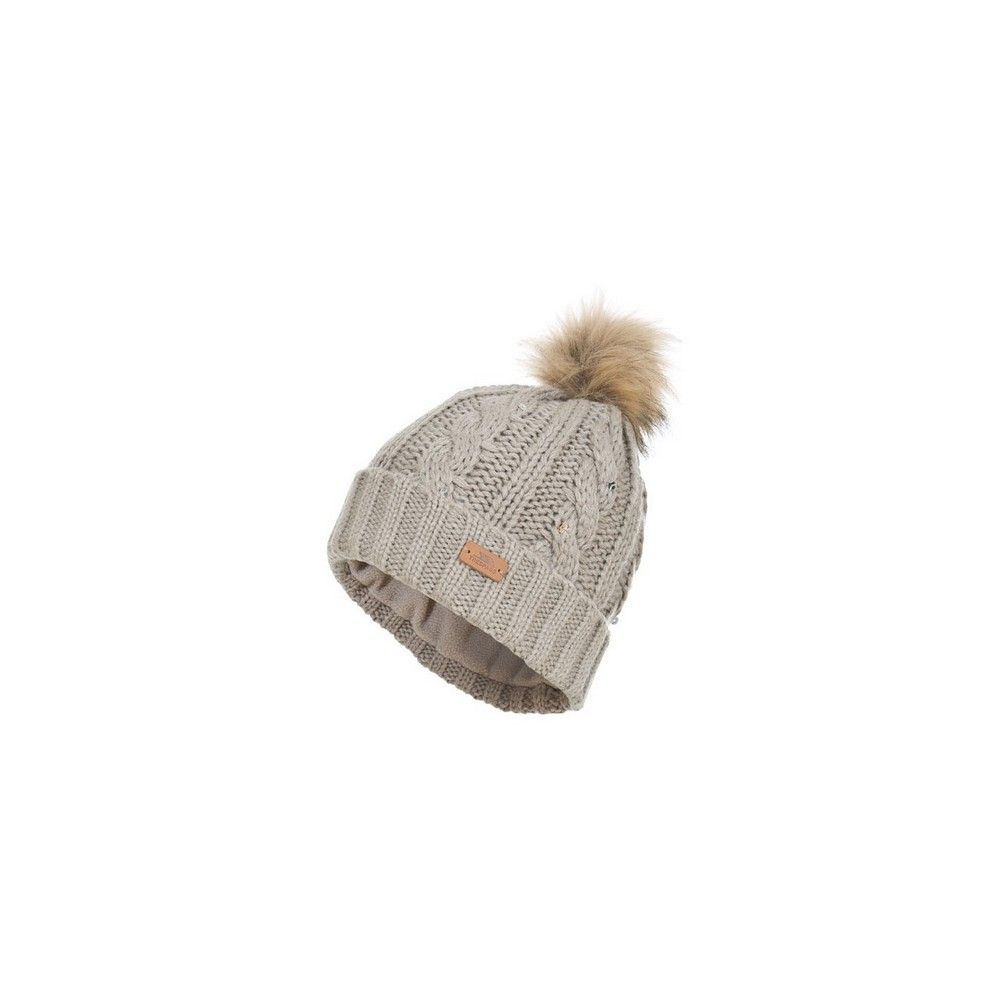 Outer: 100% Acrylic, Lining: 100% Polyester Anti-Pil Fleece, Faux Fur Pom Pom: 45% Polyester/33% Modacrylic/22% Acrylic. Knitted hat embellishment. Faux fur pom pom. Sequin details. Leatherette badge.