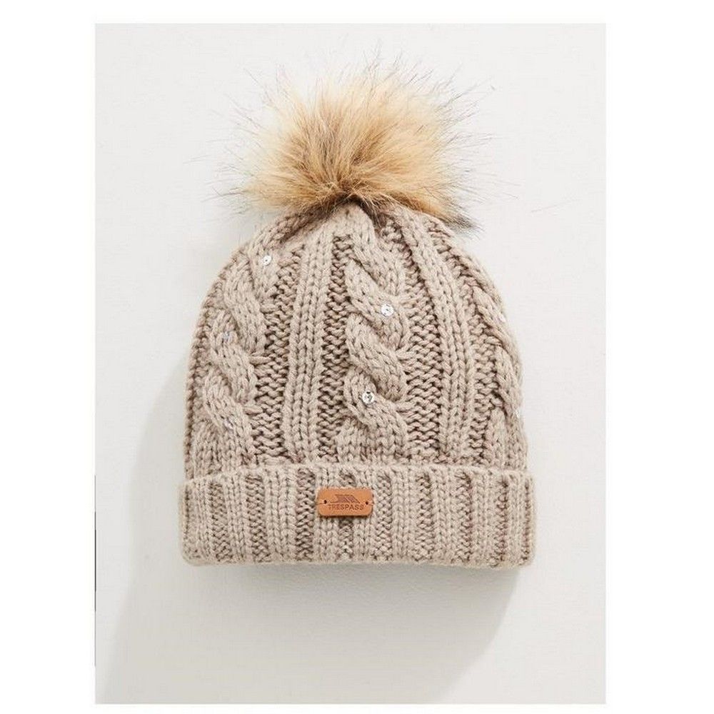 Outer: 100% Acrylic, Lining: 100% Polyester Anti-Pil Fleece, Faux Fur Pom Pom: 45% Polyester/33% Modacrylic/22% Acrylic. Knitted hat embellishment. Faux fur pom pom. Sequin details. Leatherette badge.