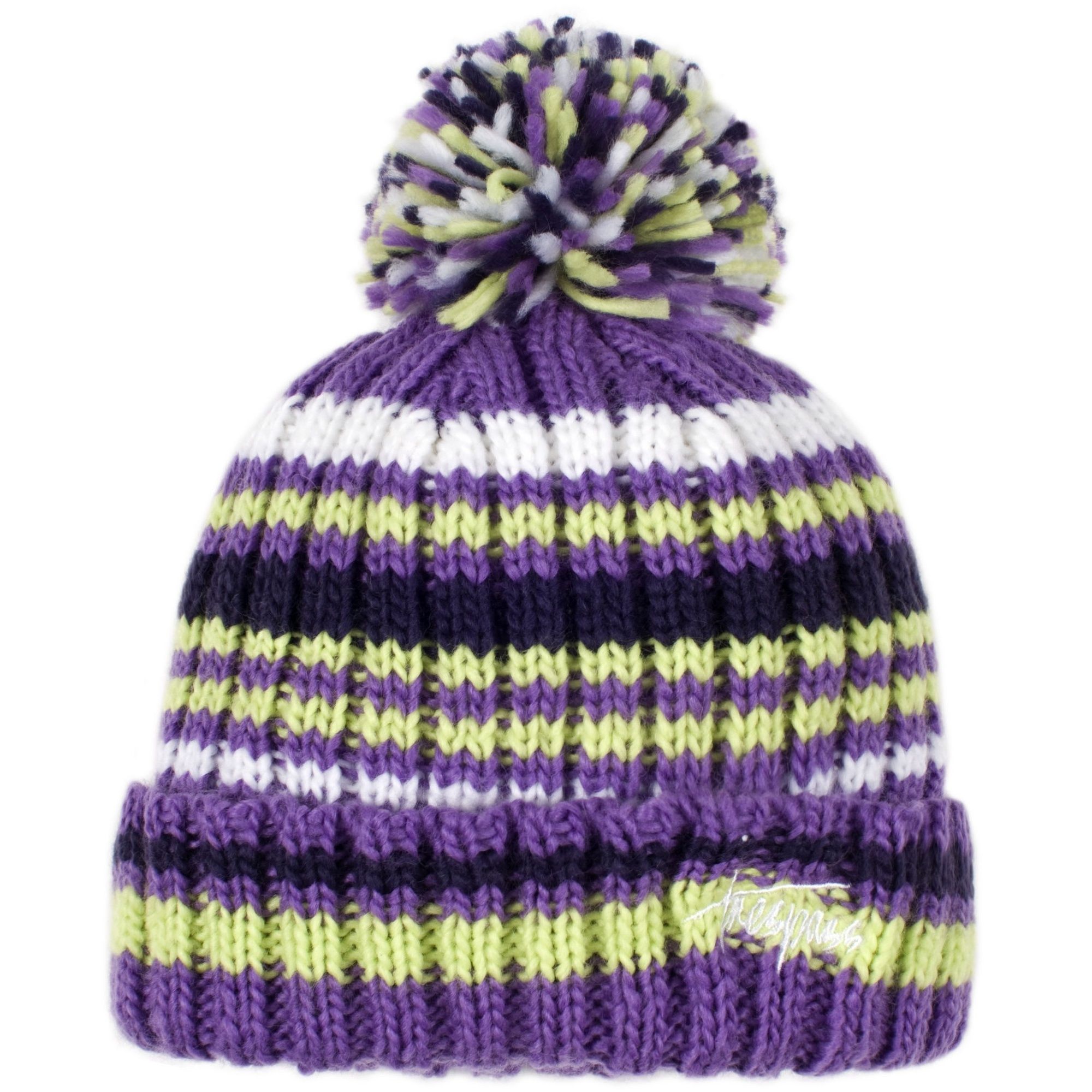 Shell is 100% acrylic. Lining is 100% polyester. Knitted hat. Embroidered detail. Large pom pom.