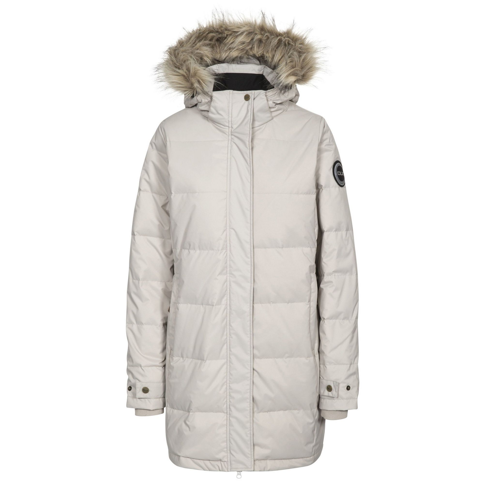 Womens down jacket with detachable hood. Zip off faux fur trim on hood. Full zip. Hydrophobic down insulation. 2 x zipped lower pockets. Ribbed cuffs. Ideal for wearing outside on a cold day. Shell: 100% Polyamide TPU Membrane. Lining: 100% Polyester. Filling: 90% Down, 10% Feather.