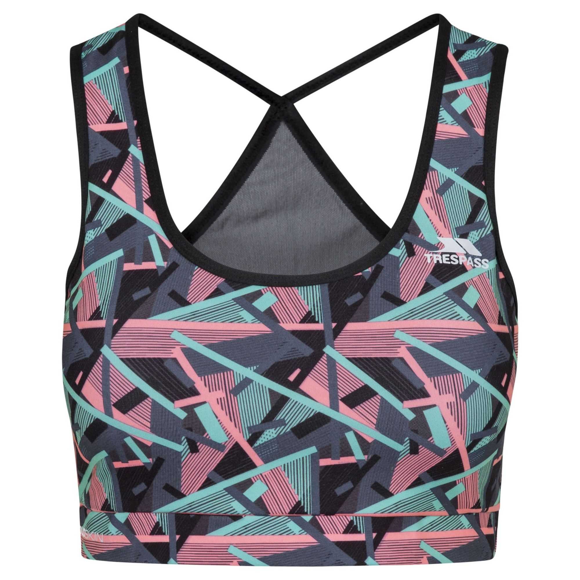 Supportive fabric. Contrast back panel. Contrast trims. Reflective printed logos. Wicking. Quick dry. 90% Polyester, 10% Elastane. Trespass Womens Chest Sizing (approx): XS/8 - 32in/81cm, S/10 - 34in/86cm, M/12 - 36in/91.4cm, L/14 - 38in/96.5cm, XL/16 - 40in/101.5cm, XXL/18 - 42in/106.5cm.