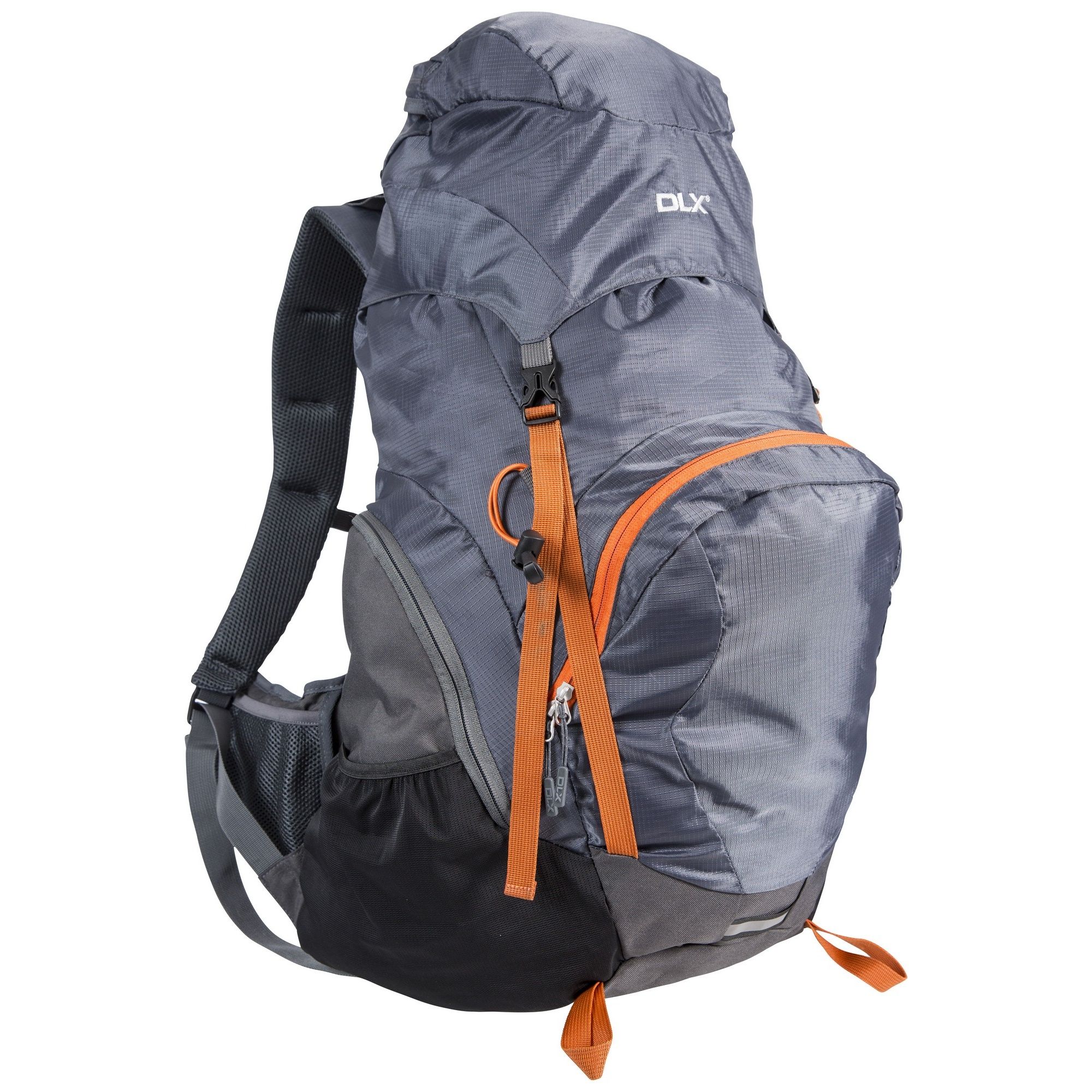 100% 420D polyester. 70 litre DLX rucksack. Airflow system. Trekking pole loops. Ice axe loops. Hydration pack access. 2000mm waterproof raincover.