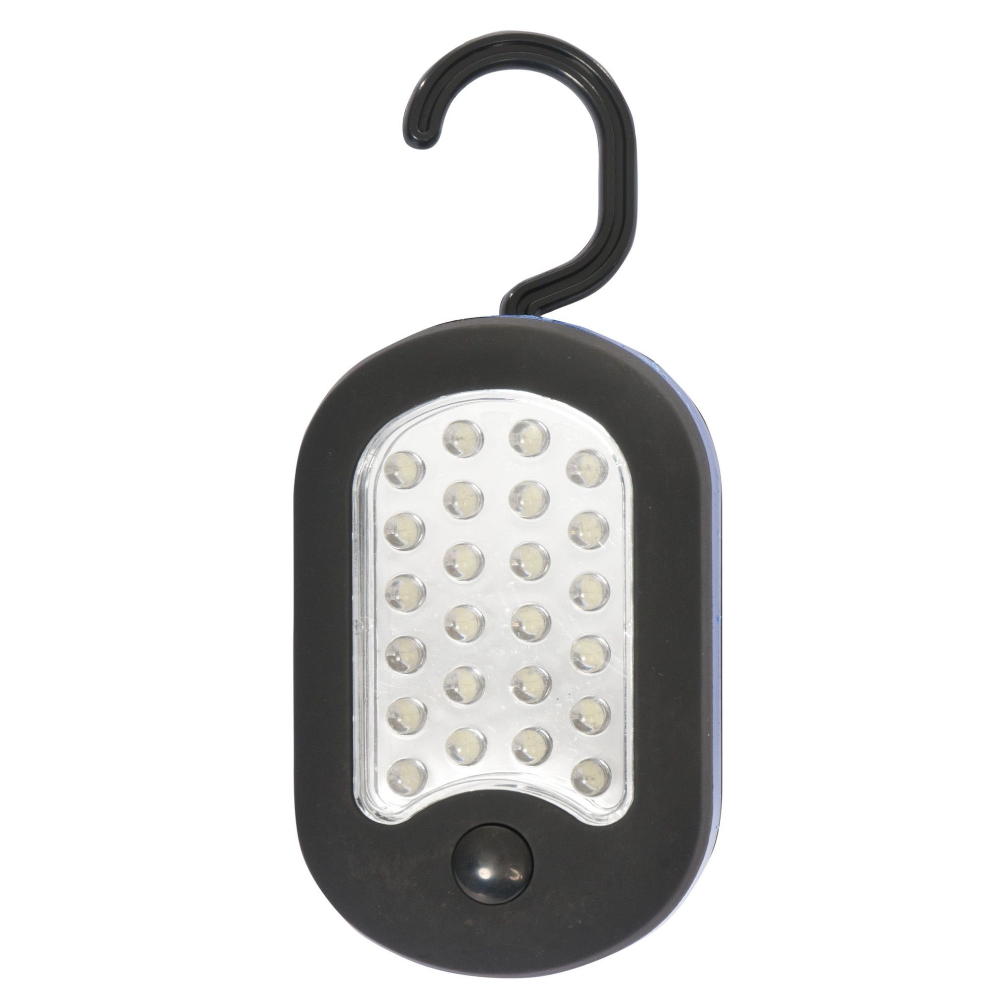 27 LED lamp. Torch and lamp functions. Fold away hanging hook. Magnet attachment on back. Requires 3 AAA batteries (not included). Dimensions: 95mm (h) x 60mm (w) x 35mm (d).