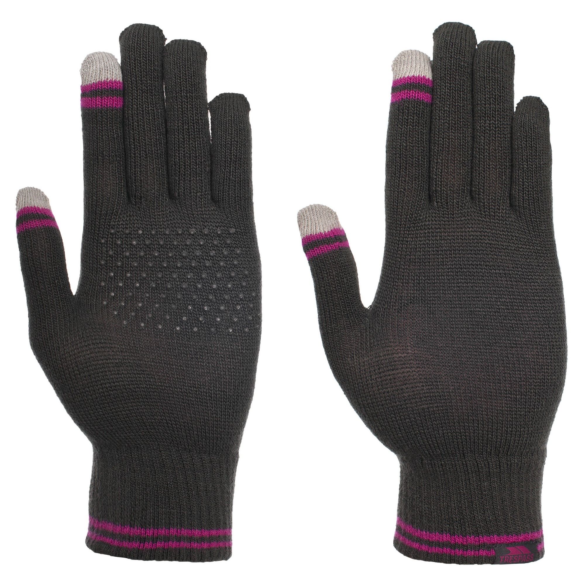 Knitted glove. Touch screen compatible. Palm grips. Ribbed cuff. Contrast striped detail. 100% Acrylic.