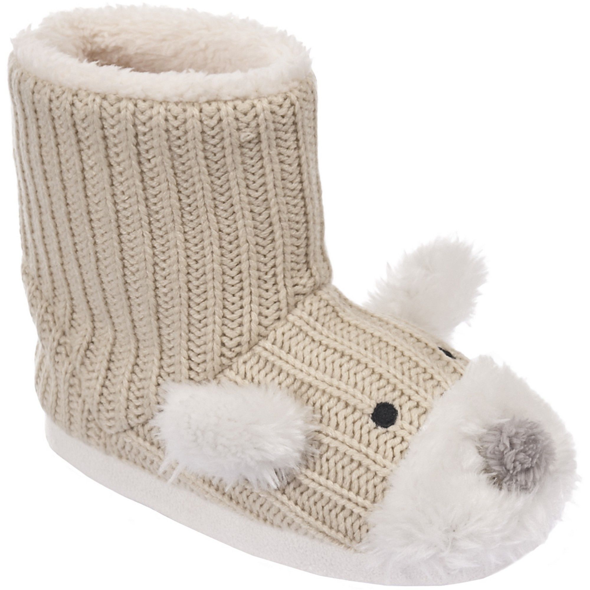 Kids novelty slipper with cute teddy bear design and soft fleece lining. Upper: Knit, Lining: Fleece, Outsole: Microfibre.