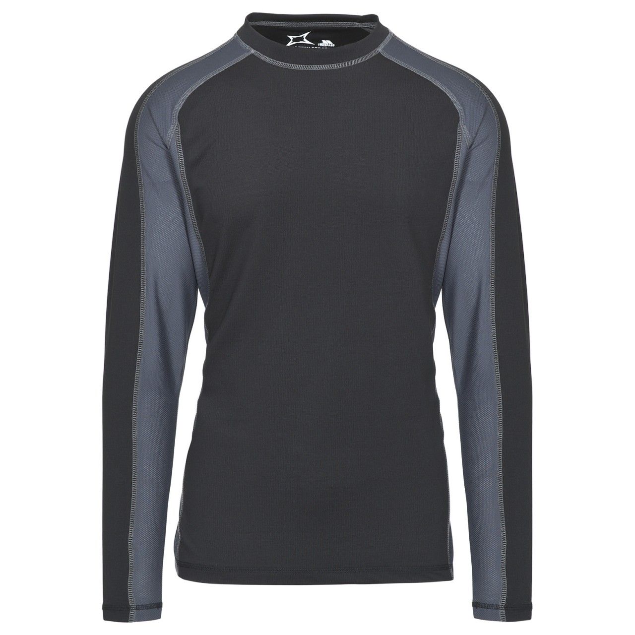 Active Long Sleeve T-Shirt. Round Neck. Polyester. Contrast Panels. Flat Lock Seams. Printed Trespass logo. Main 95% Polyester, 5% Elastane. Contrast 100% Polyester.