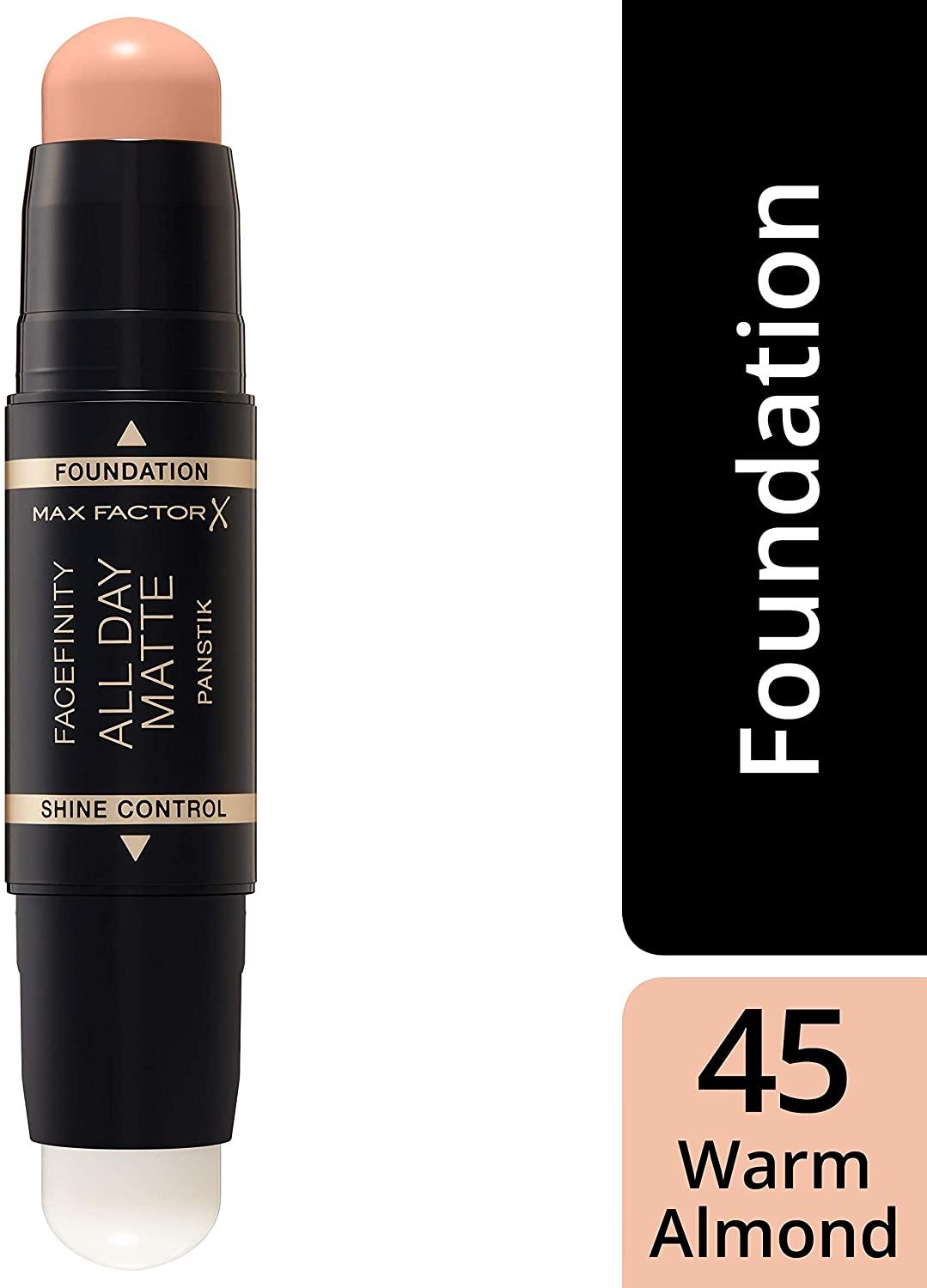 Max Factor Facefinity All Day Matte Panstik gives you full matte coverage with less effort and is perfect for on the go. The 2-in-1 stick contains 2 sides which can be used together or separately and includes a foundation and mattifying and pore-minimizing primer. The Panstik foundation is a long wear and full coverage foundation. The formula has a touch-proof technology and is designed to stay fresh and matte all day without the need to touch-up. Its full coverage effectively covers imperfections, dark circles and even skin discoloration as well as hyperpigmentation, without looking cakey. Its ultra-creamy texture glides and melts at the touch of skin for a smooth and velvety coverage which feels lightweight, while the round-shaped bullet allows for a precise application.