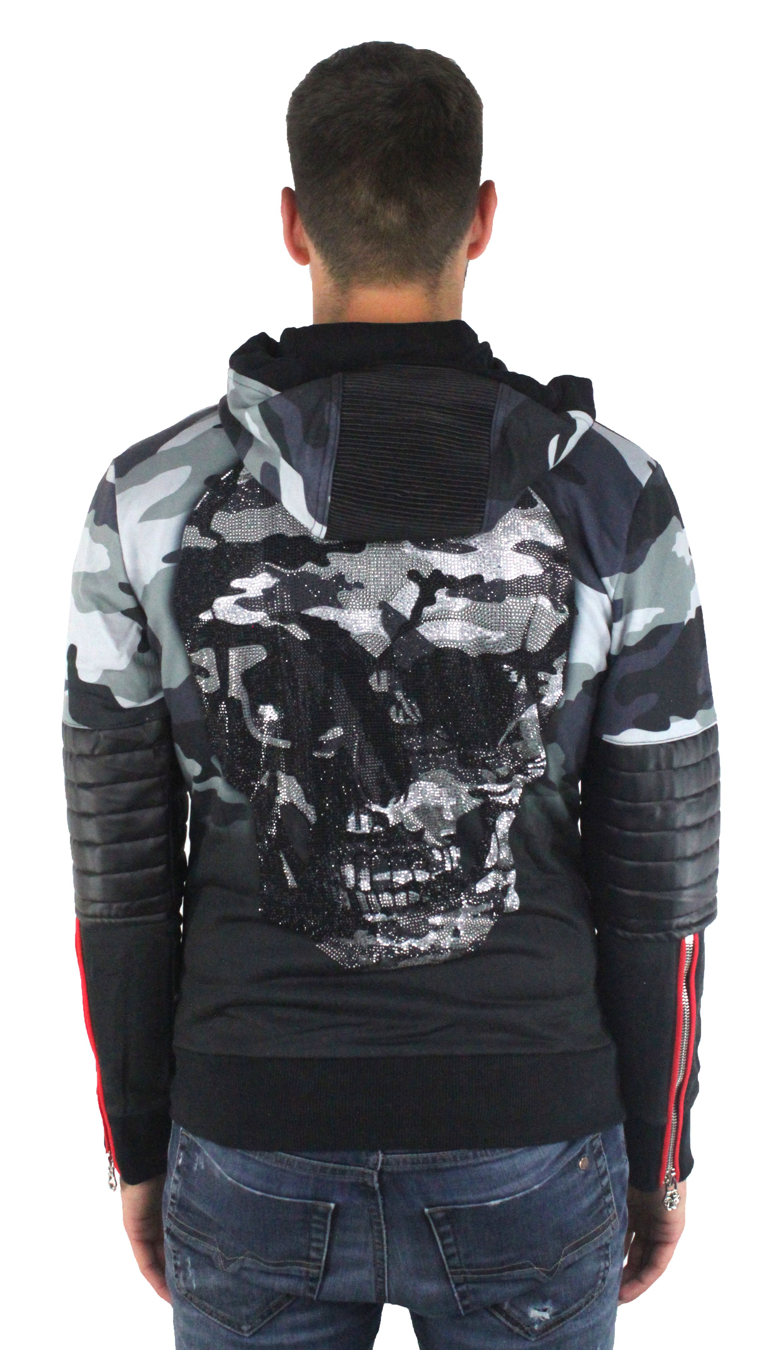 Philipp Plein MJB0110 Raiden CM99 Sweater Jacket. Hooded Sweater Jacket. Elasticated Hem and Cuffs. Large Skull With Diamante Detailing. Metal plated logo on the left chest. 100% Cotton