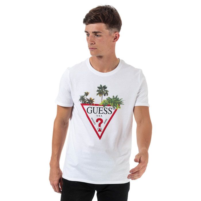 Mens Guess Palm Tree T-Shirt in white.<BR><BR>- Ribbed crew neck.<BR>- Short sleeves.  <BR>- Palm tree graphic print with Guess branding.<BR>- Tonal back neck tape.<BR>- Comfortable cotton jersey construction.<BR>- Slim fit.<BR>- 100% Cotton.  Machine washable.  <BR>- Ref: MOGI76
