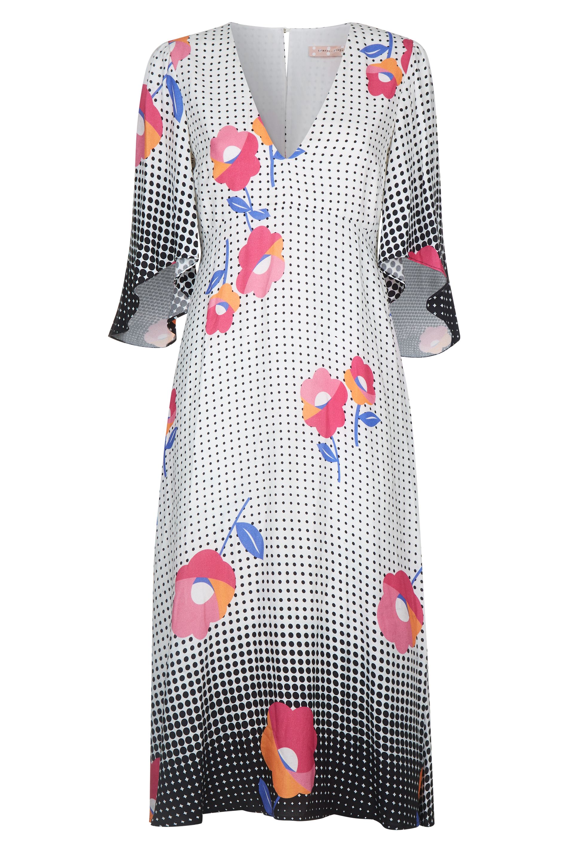 Embrace a mix of modern prints in the form of the elegant Blithe Dress. Featuring a fun seventies inspired floral print, this bias-cut midi floral dress with sleeves also boasts feminine fluted sleeves and a flattering V-neckline 100% Viscose Machine Wash at 30 Degrees using a delicate cycle