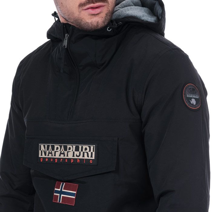 Mens Napapijri Rainforest Winter Jacket in Black.<BR><BR>- Pull over jacket.<BR>- Drawcord adjustable hood.<BR>- Long sleeve with inner cuffs.<BR>- Flap pocket with zip fastening.<BR>- Ventilation eyelets.<BR>- Embroidered graphic to chest.<BR>- Flag badge to front.<BR>- Embroidered tab to seam.<BR>- Fleece lining and quilted padding.<BR>- Zip opening to side for easy on off.<BR>- Badge detail to left sleeve.<BR>- Shoulder to hem 27in approximately.<BR>- Body: 100% Polyamide  Lining: 100% Polyester. Machine Washable.<BR>- Ref: N0YGNJ041<BR><BR>Measurements are intended for guidance only