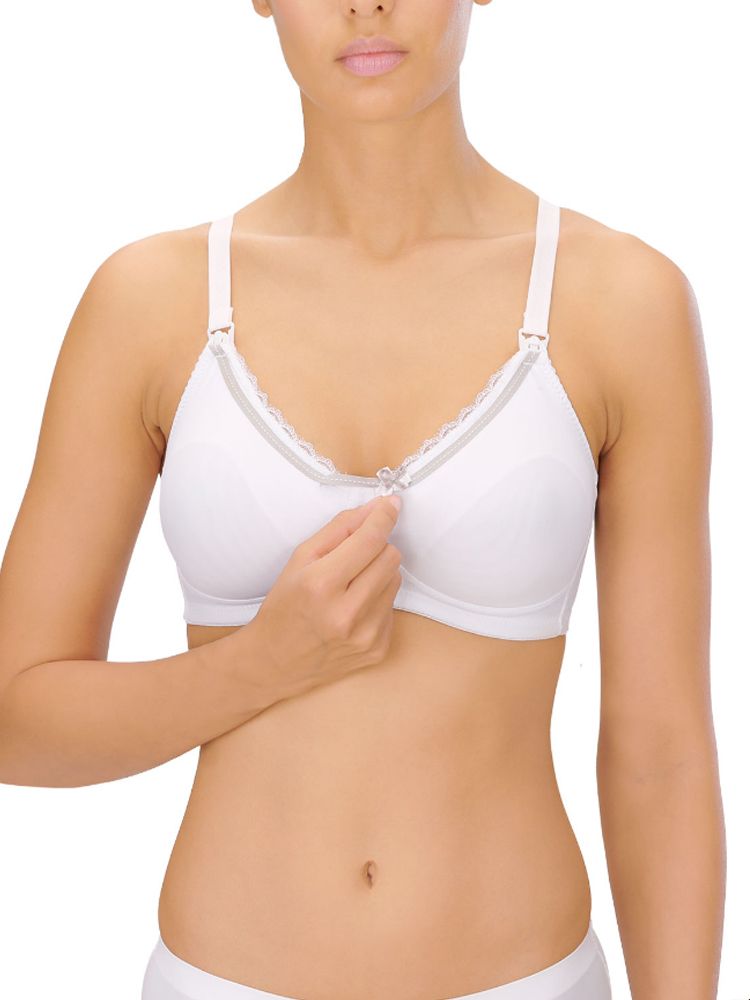This soft cup non wired Naturana nursing bra offers full coverage and is made from 100% cotton for a super soft feel and extra comfort.  The drop cup can easily be unclipped with one hand and allows you to breastfeed without taking down your bra strap.  Complete with fully adjustable straps, plush back elastic underbust band and scalloped edge elastic on the cups for a feminine touch.