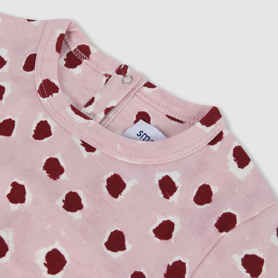 Long sleeve jersey dress with elasticated gathered waistband with our bespoke painted dot print in pale pink with burgundy dots. Made from 100% cotton that is soft and stretchy.