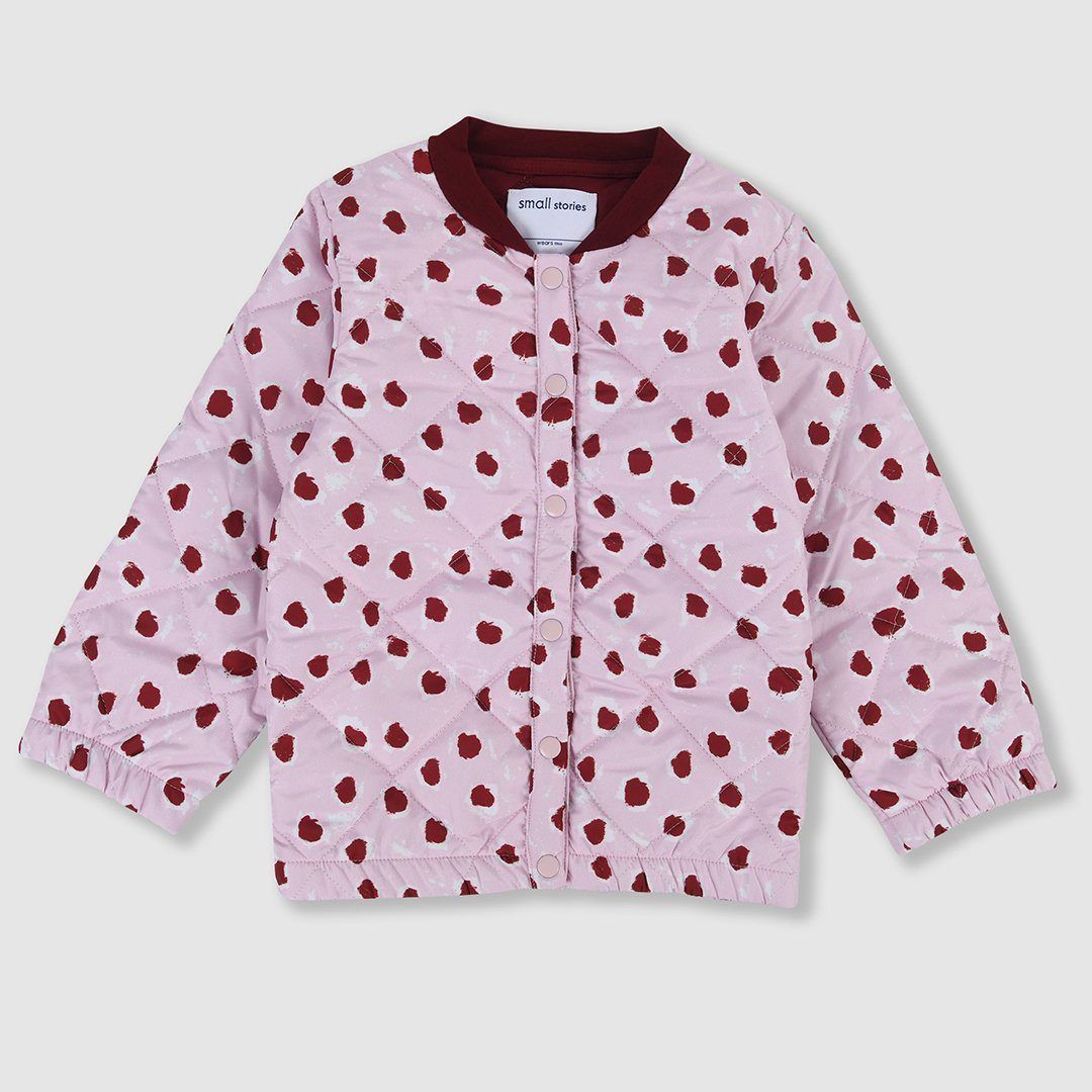 Lightweight cotton mix quilted jacket with our bespoke painted dot print in pale pink with burgundy dots. Inside lining and ribbed collar in matching burgandy jersey to the burgundy dots to give our little ones extra warmth and comfort. Features press stud front opening for ease of dressing.
