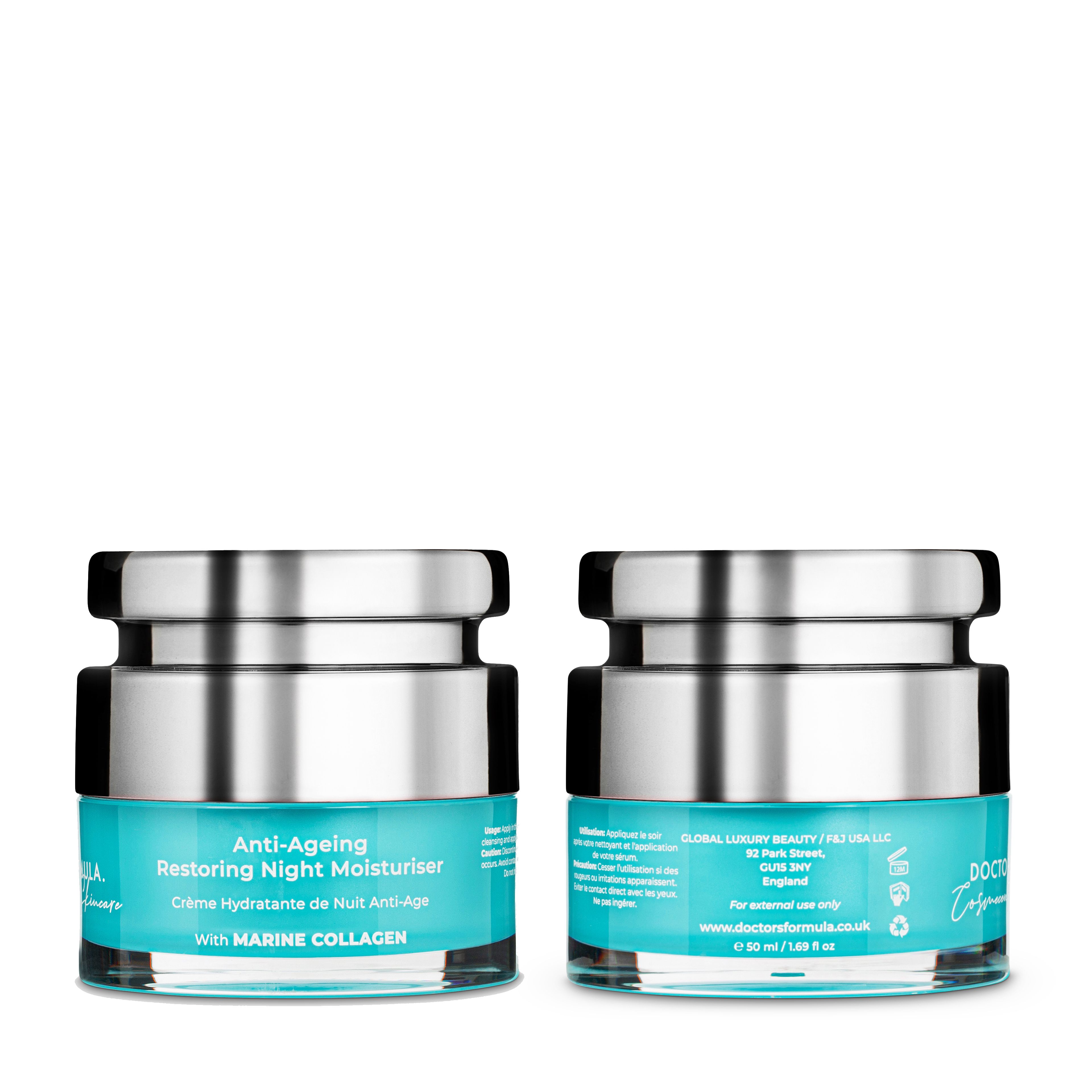 Restructuring Anti-Ageing Restoring Night Moisturiser replenishes whilst you sleep. 
A trio of Marine Collagen, Soluble Collagen and anti-oxidant rich Coconut Oil. 
Renew and regenerate overnight for a restorative skin experience.

Key Ingredients:
- Marine collagen amino acids intensely hydrate, provide super-enriched suppleness and boost the building blocks which maintain the skin.
- Soluble collagen infuses with natural moisture into the skin, defining texture for a more radiant, youthful appearance.
- Precision antioxidants and fatty acids in coconut oil, infuse with visible hydration, restore resilient texture and invigorate the skin’s natural protective shield.

Usage:
Apply 1-2 pumps in the evening to face, neck and decollete, after applying your serum or ampoule.

100% Cruelty Free