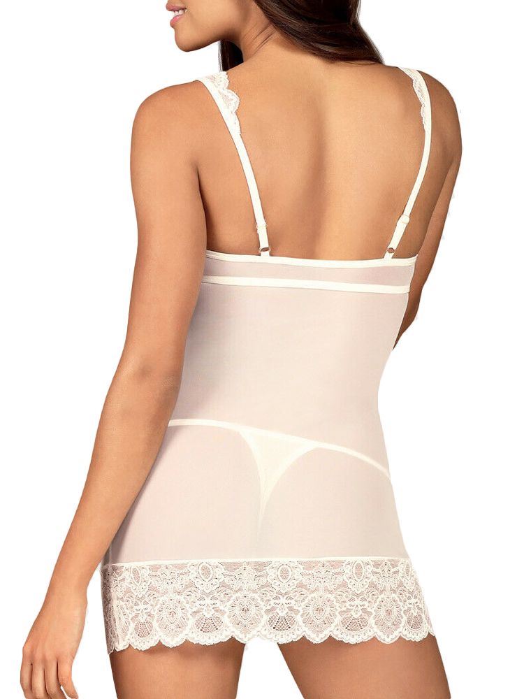 The perfect playful piece for those romantic nights in, this 2 piece set from Obsessive includes a seductive deep neckline to show off your cleavage. The underwired and padded chemise also adds to the emphasis of the bust, whilst also supporting you. The lacy bottom of the chemise and matching thong provides a playful feel, showing off your curves.