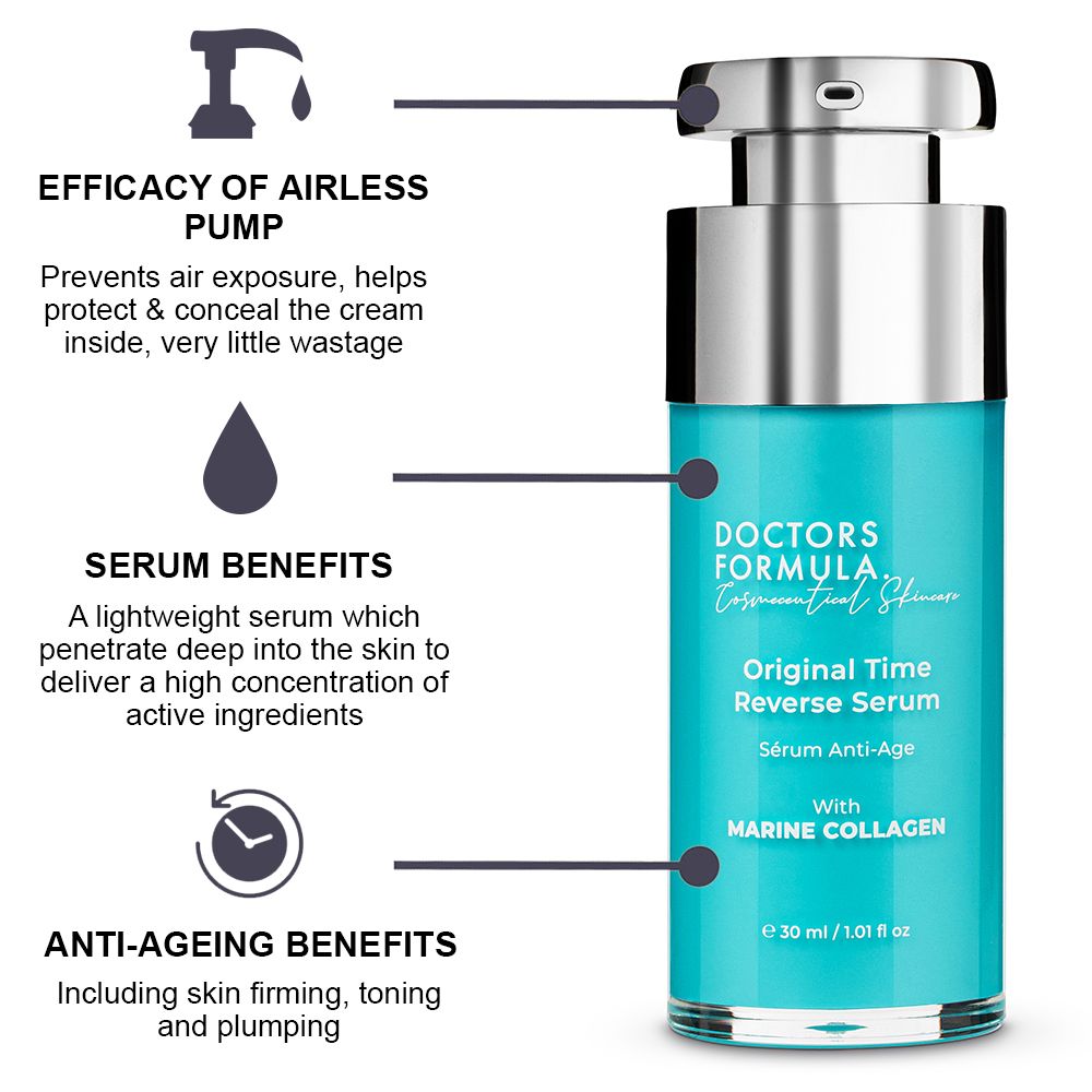 The signature Time Reverse Serum by Doctors Formula, encompasses powerful active ingredients for restructuring skin. 
Specifically formulated for high definition hydration, dramatic fresh-faced plumpness and glow boosting vitality.

Key Ingredients:
- Marine collagen amino acids intensely hydrate, provide super-enriched suppleness and boost the building blocks which maintain the skin.
- Soluble collagen infuses with natural moisture into the skin, defining texture for a more radiant, youthful appearance.
- Illuminate and revitalise with Algae extract. Watch skin vitality return.

Usage:
Apply 1-2 pumps morning and evening to face, neck and decollete, after cleansing and prior to applying moisturiser.

100% Cruelty Free