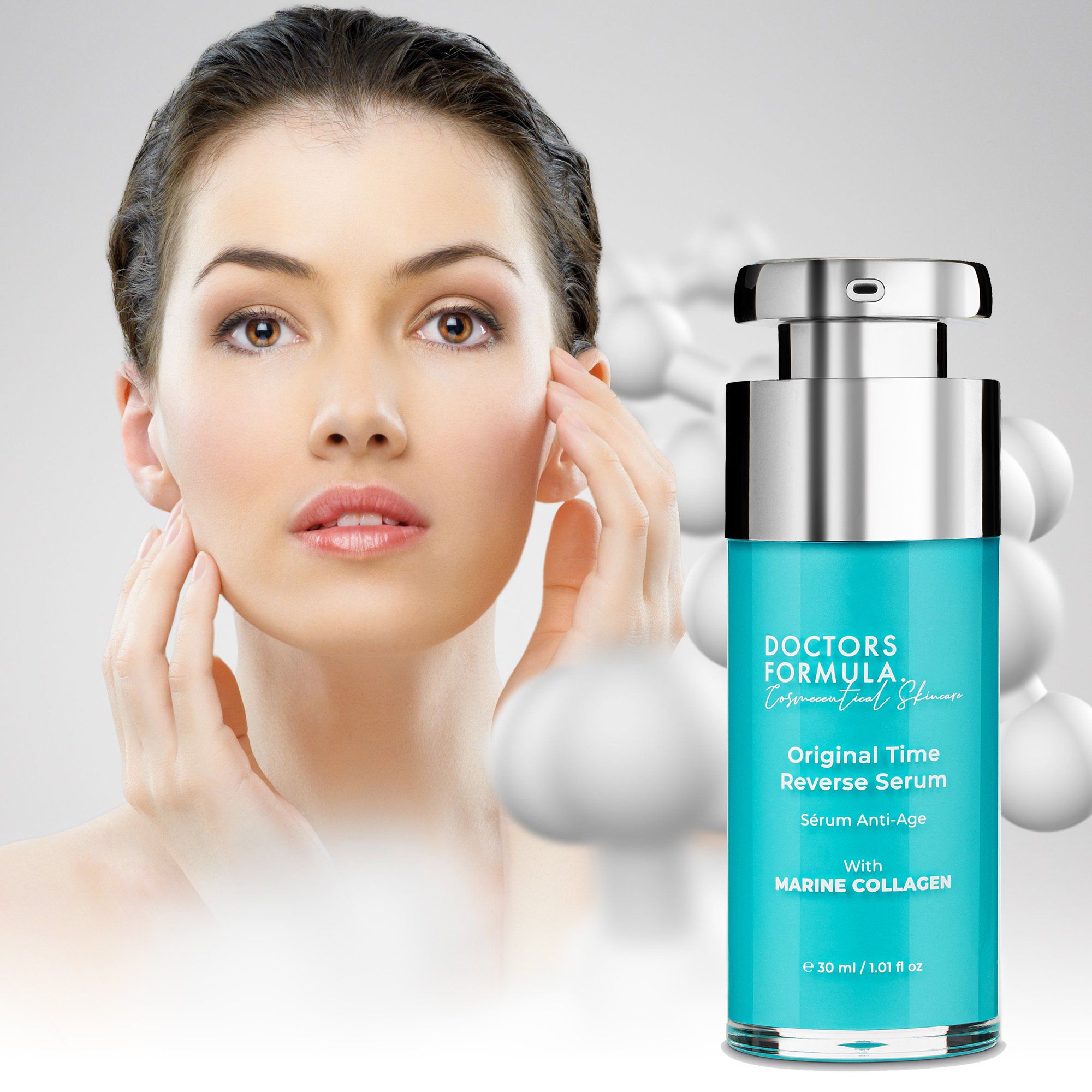 The signature Time Reverse Serum by Doctors Formula, encompasses powerful active ingredients for restructuring skin. 
Specifically formulated for high definition hydration, dramatic fresh-faced plumpness and glow boosting vitality.

Key Ingredients:
- Marine collagen amino acids intensely hydrate, provide super-enriched suppleness and boost the building blocks which maintain the skin.
- Soluble collagen infuses with natural moisture into the skin, defining texture for a more radiant, youthful appearance.
- Illuminate and revitalise with Algae extract. Watch skin vitality return.

Usage:
Apply 1-2 pumps morning and evening to face, neck and decollete, after cleansing and prior to applying moisturiser.

100% Cruelty Free
