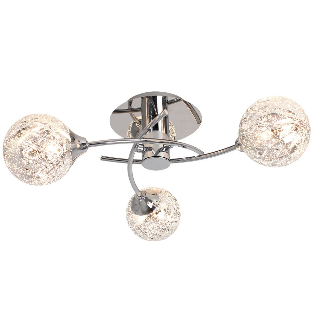 The Koko 3 Light Ceiling Light is a beautiful semi-flush fitting only to be found at Pagazzi Lighting. From the round ceiling plate, 3 crossed arms are attached. Housing each light bulb are cut glass shades with a chromed mercury finish. When unlit, these present a solid chrome look, however when lit, a mottled shine is created.

Pagazzi Exclusive
Dimmable
The Koko Ceiling Light is 130mm in height and 440mm in diameter. It requires 3 x G9 Capsule light bulbs with a maximum wattage of 28w.