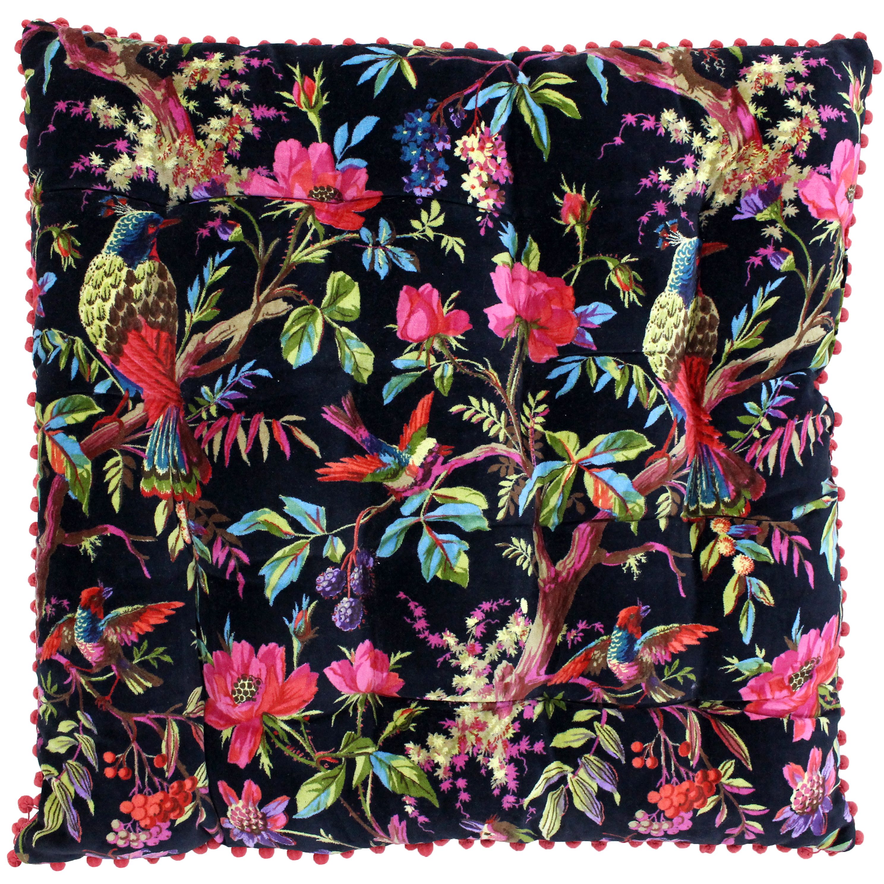 The Paradise floor cushion will bring a unique twist to any room with its Indian inspired nature print. Created in the chinoiserie style with an intricate display of birds and flowers this cushion will bring a whole new dimension to any room. The velvet feel fabric is gives this gorgeous cushions a wonderful sheen. Available in three distinct colourways there's a cushion for everyone whether you're likely to go the bold route of bright yellow or prefer to play it safe with uniform black. Made of 100% cotton fabric this cushion is super soft and cosy making it perfect for sitting on to meditate, read or work. This floor cushion is filled with 100% hollowfibre polyester to make it as plush as possible. This floor cushion must be treated carefully and is therefore dry clean only. However, it is both tumble dryable and iron appropriate.