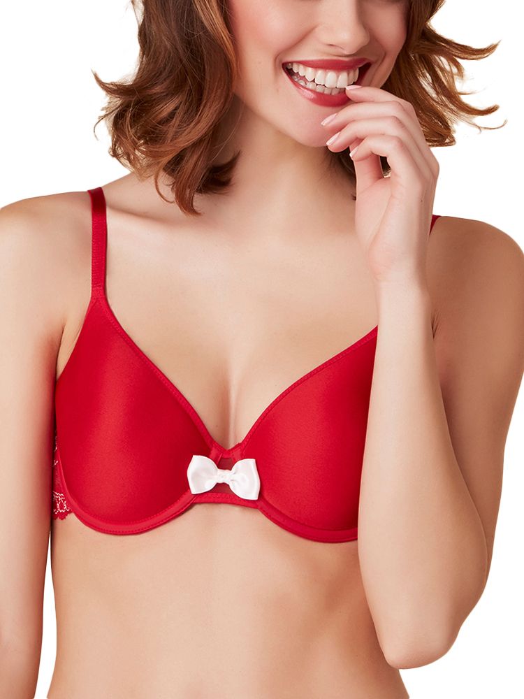 Passionata by Chantelle Amoureuse Balcony Spacer bra.   This beautiful bra has double layered spacer cups that provide all day long breathability.  The delicate luxurious lace along the sides and back turns this from an everyday bra into something special.  This t-shirt bra offers excellent support and a smooth finish under your clothing.  Finished with seamless cups and a cute centre bow, this bra will be your go to bra in your lingerie collection.