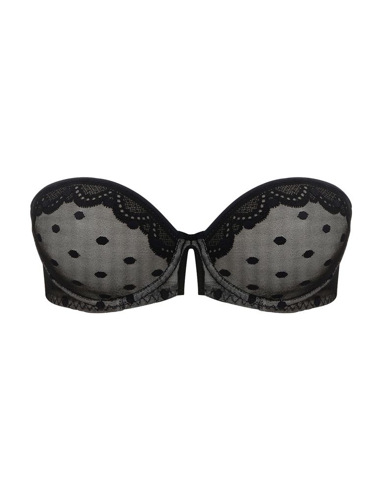 Passionata by Chantelle Confetti Polka Dot Bandeau Strapless Bra 5555.   This bra is perfect for all your strapless dresses thanks to the silicone coating at the back of the bra.  This underwired lightly padded bra with foam cups can be worn with or without straps making it very versitile: Wear: Strapless, conventional, one shoulder, criss cross and halter.  The V -cutout at the bridge gives a feminine and gorgeous touch.  It is a perfect addition to your wardrobe collection.