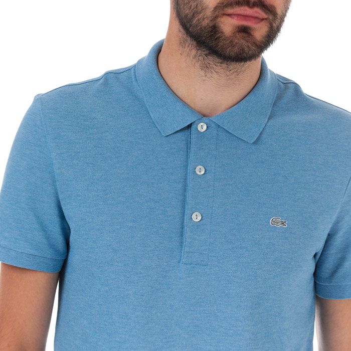Mens Lacoste Slim Fit Petit Polo Shirt  Blue Marl. <BR><BR>- Signature design. <BR>- Cotton pique combines comfort and elegance.<BR>- Slim fit.<BR>- Ribbed collar and armbands.<BR>- 2-button placket.<BR>- Green crocodile embroidered on chest. <BR>- Cotton 100%. Machine washable.<BR>- Ref: PH401400EUA.
