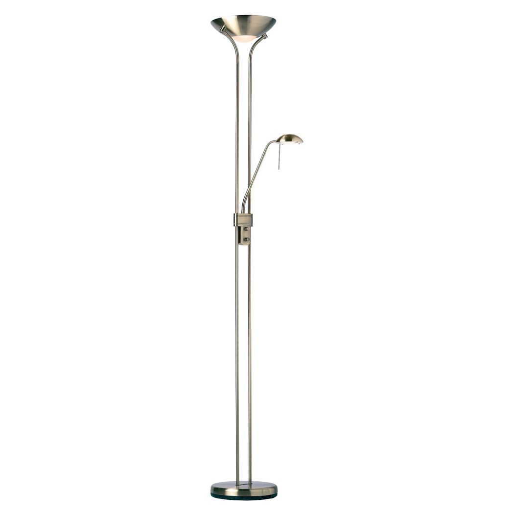 This modern light fitting features a bowl uplighter lamp head with frosted diffuser panel underneath. A flexible mid placed reading light completes the look. For functionality a double rotary dimmer switch, which is located in the middle of the floor lamp, allows both sources of light to be individually dimmed to a warm glow, suiting any mood. This floor lamp will suit perfectly into a study or living area which requires focused light for reading ect.  Height: 1810 mm
Diameter: 254 mm
Mother Lamp: 300w max R7 118mm halogen linear bulb (Not Included)
Child Lamp: 33w max G9 dimmable capsule bulb (Not Included)