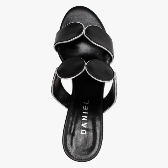 Slip into the elegant Daniel Pollie Leather High Heel Sandals. This New Season style is crafted from a premium leather upper with luxurious leather lining and sole. These open sandals feature peep toe, circular design to the upper and mid stiletto heel. Signature Daniel branding is seen on the foot-bed.