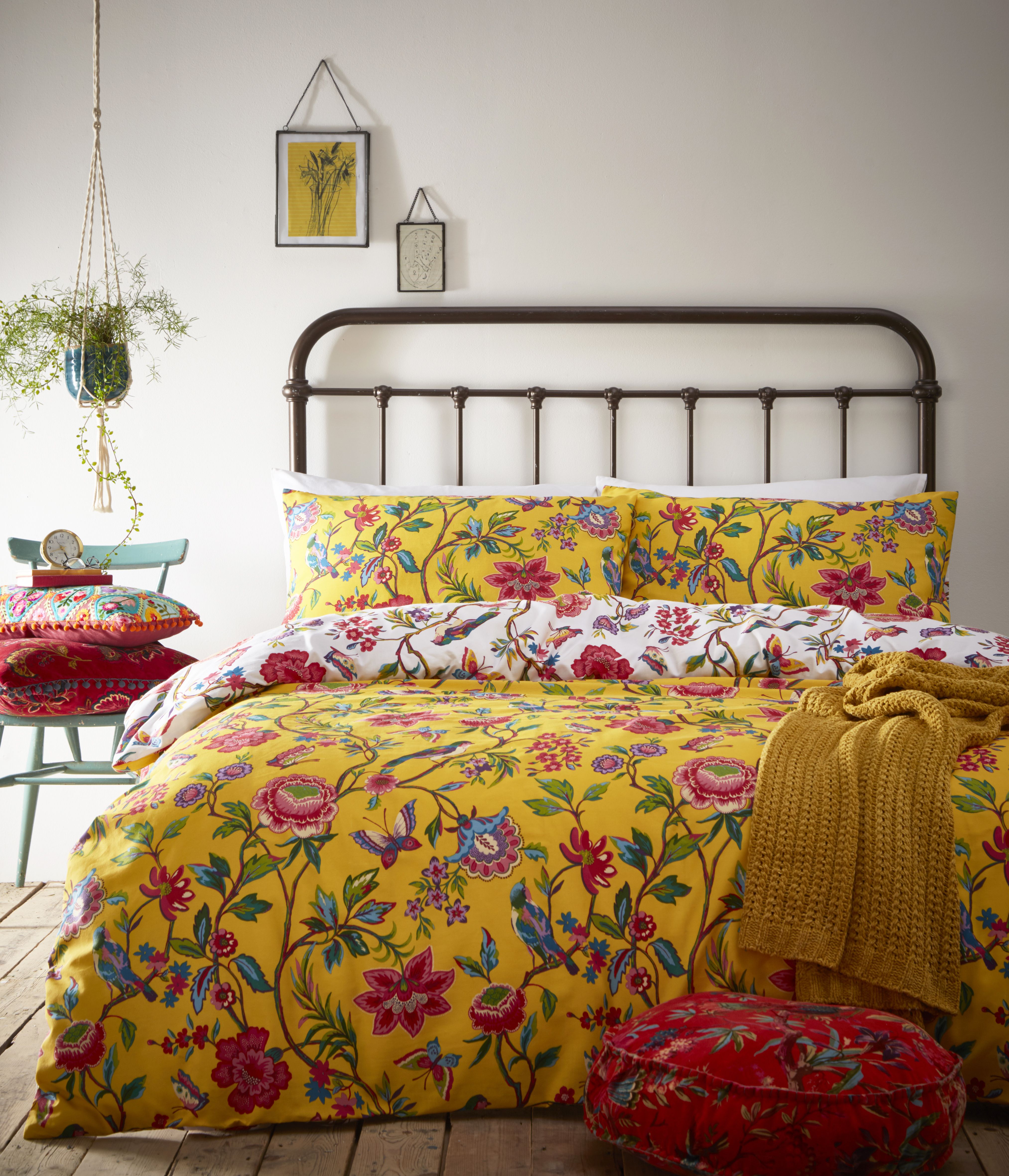 Bright colours will dominate this season and the Pomelo duvet cover set does more than deliver, it exceeds expectations. Beautifully patterned with a mirage of brightly coloured tropical birds, butterflies and flowers it’s a fun and unique piece. Named after the Pomelo fruit which is a large, yellow citrus fruit native to South and Southeast Asia this duvet set reflects this fruit’s natural vivid colouring. The vibrant display reverses onto a white background with an equally detailed print of botanicals. Available in two brilliant colours each duvet set comes with fully matching housewife pillowcases. Made of crisp polycotton making this duvet set soft and hard-wearing. This duvet cover features a secure button closure while the pillowcases have an envelope closure. Machine washable on a 40 degree cycle. Iron cool and tumble dry on a low setting for the best finish.