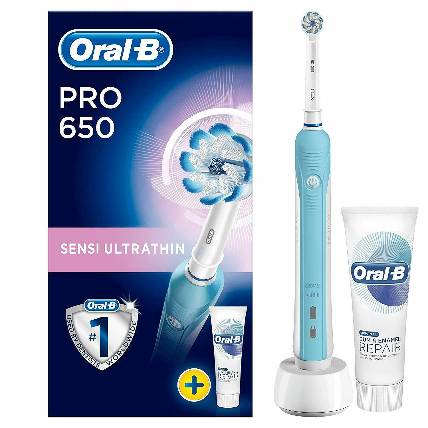 Oral-B Pro 650 Sensi Ultrathin Toothbrush with 1 Toothbrush Head & Toothpaste

Experience Oral-B Pro 650 from the #1 brand recommended by dentist worlwide. The Pro 650 electric toothbrush helps you brush like your dentist recommends for 2 minutes with the professional timer and it notifies you every 30 seconds to change the area your are brushing. While you are just moving the brush around your mouth, Oral-B's unique round head does all the rest. It removes up to 100 percent more plaque than a standard manual toothbrush for healthier gums and it starts making your smile whiter as of the first day of brushing by removing surface stains. With the professional timer Oral-B Pro 650 is a great toothbrush for everyone who wants to switch to an electric toothbrush. No wonder Oral-B is the #1 recommended brand by dentists worldwide.This pack includes 1 bonus Oral-B Gum and Enamel Repair Original Toothpaste. Compatible with the following replacement toothbrush heads: Cross Action, 3D White, Sensi Ultrathin, Sensitive Clean, Precision Clean, Floss Action, Tri Zone, Dual Clean, Power Tip, Ortho Care.

    Up to 100 percent more plaque removal: round head cleans better for healthier gums.
    Dynamic movement helps you achieve enhanced cleaning results.
    Dentist-inspired round brush head oscillates, rotates and pulsates to break up and remove plaque.
    Know you brush the right amount of time with the 2 min professional timer.
    Oral-B, the #1 brand used by dentists worldwide.


Round cleans better
Oral-B's round head contours to each tooth for cleaner teeth and healthier gums versus a standard manual toothbrush.

Brush for the right amount of time
The built-in timer helps you brush for at least two minutes, the minimum brushing time dentists and hygienists recommend.

10 days of brushing with one charge
The Oral-B PRO 600 has a state of the art battery to last 10 days. This way you don't need to worry about getting your charger during your holidays.

Brush heads designed with dentists
Oral-B Refills are designed to perfectly fit your toothbrush and come with specialised features for amazing results like end rounding to be gentle on gums, angled bristles to clean in-between teeth, and UltraThin bristles for extra gentle cleaning.

Number one dentist recommended*
Oral-B is not only designed with dentists, it is also the number one toothbrush brand recommended by dentists worldwide. Discover for yourself the next level of oral care by Oral-B.

*based on surveys from 2014 of a representative worldwide sample of dentists carried out for P&G regularly

Box Contains : 

    1x Oral-B Pro 650 Electric Toothbrush, UK 2-Pin Plug, 
    1x Toothbrush Head,
    1x Oral-B Gum & Enamel Repair Original Toothpaste


Not Available for the following postcodes:
AB, BT, DB99, DD9-11, EH35-46, FK18-21, AB, BT, DB99, GY, HS, IM, IV, KA27, KA28, KW, KY9-16, PA, PH, PO30-41, TD, TR21-25, ZE