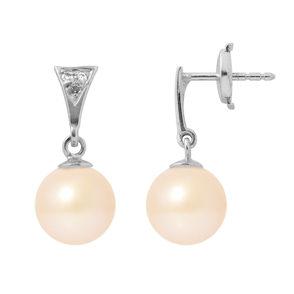 Natural pink Freshwater Pearl Diamond Earrings and White gold 750/1000 Made in France Beautiful pair of pink Pearls earrings and White Gold. The mount is set with diamonds. Freshwater cultured pearls Quality AA Shape: Round Luster: Excellent Diameter : 8 mm Mounting : White Gold 750/1000 Weight of gold: 1.60 gr Weight of diamonds: 0.06 cts