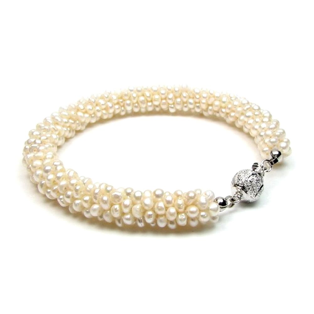 White Freshwater Pearls Twisted 6 rows Bracelet and Silver Clasp