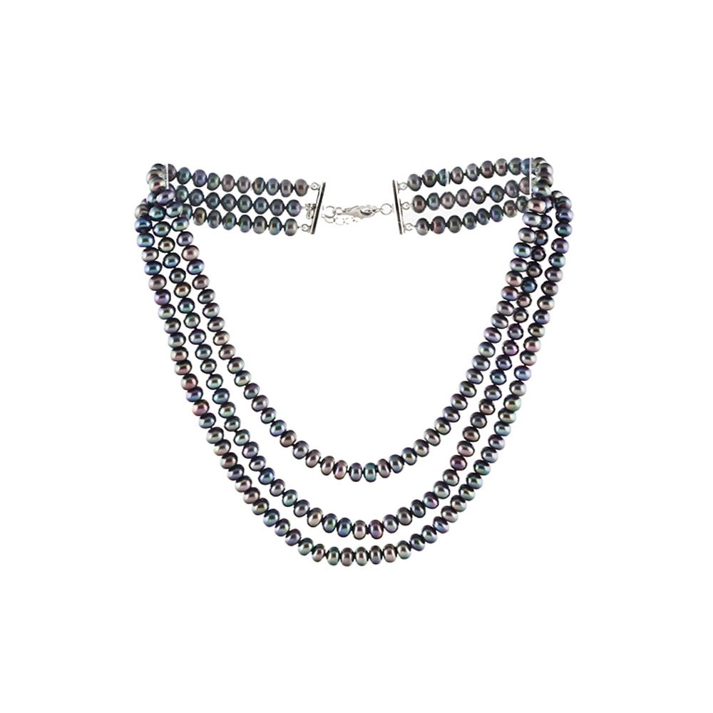 Multi rows Black Freshwater Pearl Necklace and Silver Clasp