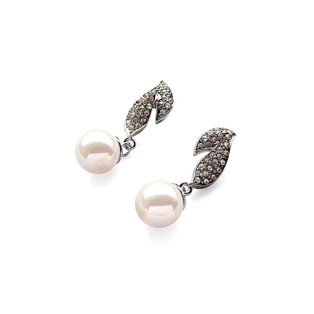Earrings imitation pearls in reconstituted mother-of-pearl White and Cz stones