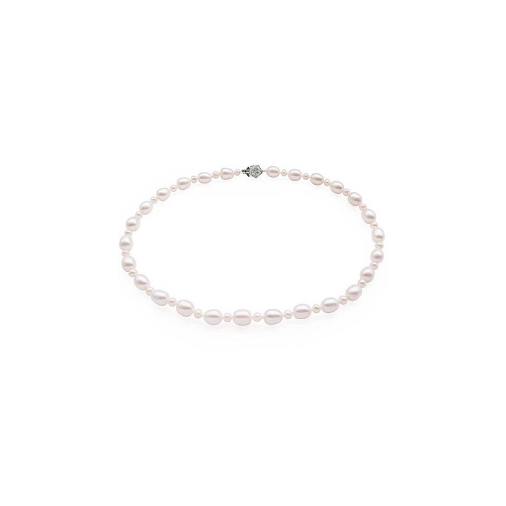 AA grade freshwater cultured pearl Necklace! This AA grade freshwater cultured pearl Necklace is made of small pearls (5mm round) alternating with bigger pearls (8-9mm). The necklace is 16 in / 40 cm long. The color is white. 925 sterling silver flower clasp. Knotting between each pearl for safety. Pearl features: Pearl size (min): 4 to 5 mm Pearl size (max): 8 to 9 mm Shape: oval Color: white Luster: excellent Pearl type: freshwater cultured Overall grade: AA Necklace features: Length: 16 in - 40 cm 925 sterling silver flower clasp