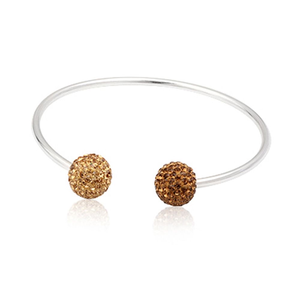 925 silver Bangle Bracelet and Gold Crystal Beads This is a 925 sterling silver bangle bracelet with two golden high quality crystal round pearls. The two beads have got two different shades of gold. One is more golden than the other. Pearls diamater: 12 mm Bracelet diameter: 6 cm / 2 in.