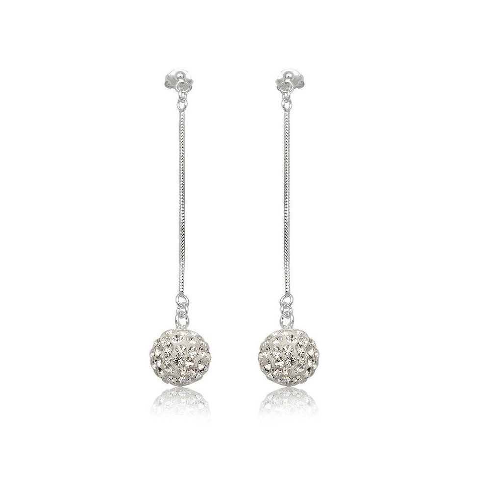 White Crystal dangling Earrings and 925 Silver These earrings are in 925 sterling silver. The 8 mm beads are in white high quality Crystal. Length : 4.5 cm Diameter : 12 mm Suitable for pierced ears.