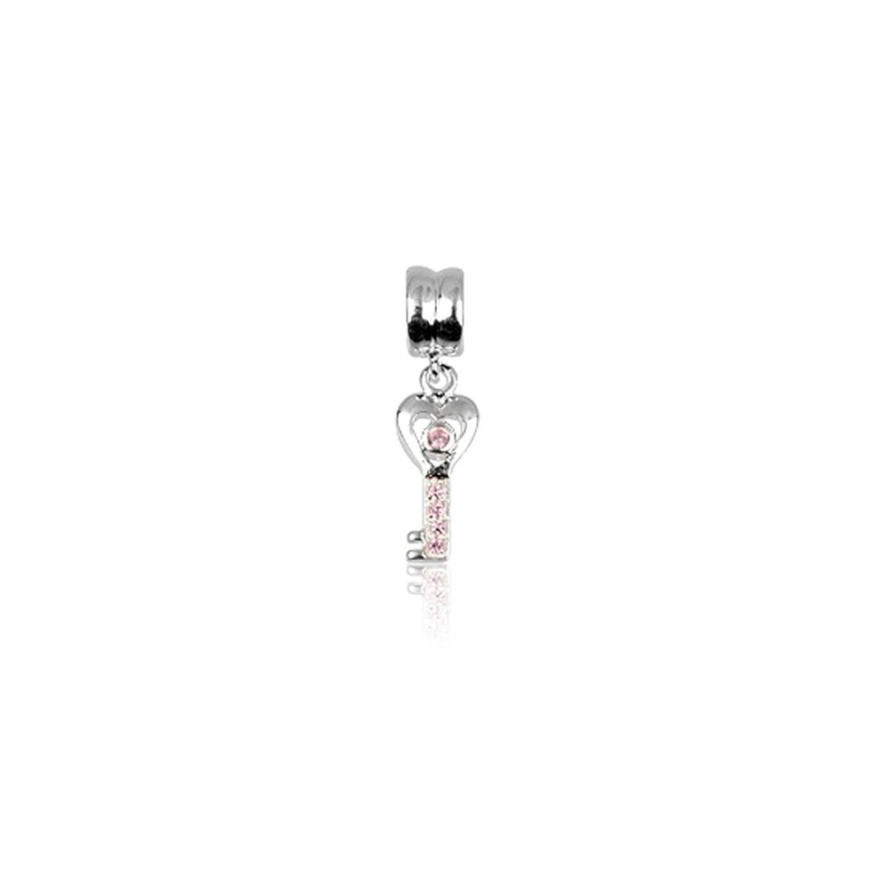 Pink Cystal Dangle Key Charms Bead and 925 Silver 925 sterling Silver mounting Key with pink Cz rhinestones Size: 2.80 cm x 0.80 cm