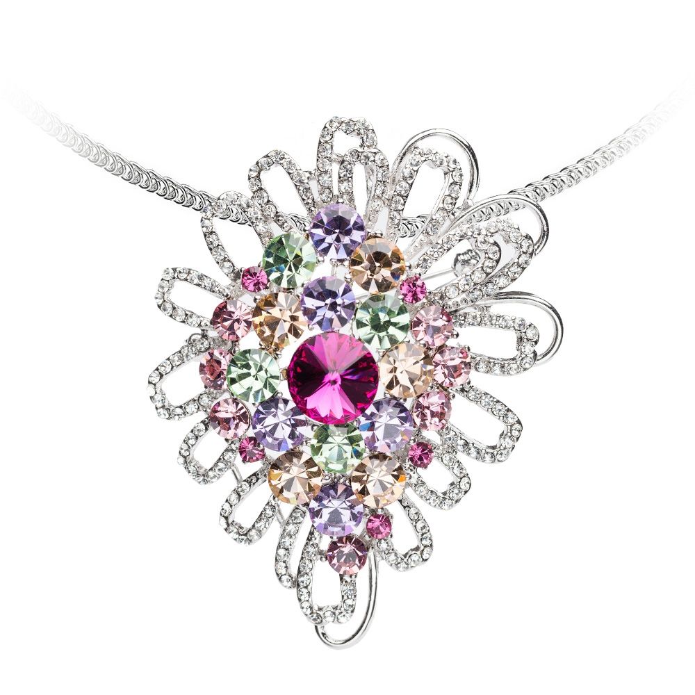 Multicolor Swarovski Crystal Elements Necklace Brooch This spectacular silver-plated necklace stands out with its breathtaking design. A fine combination of Swarovski Crystal paves makes this masterpiece unique. Description : Main Crystals and Material : Swarovski Elements Crystal Fuschia, Pink, Green, Yellow and White Plating : Silver plated Chain : Omega type, Nickel Free Width : 7 cm Vertical length : 9 cm/2.65 in Feature : It can be worn as a brooch