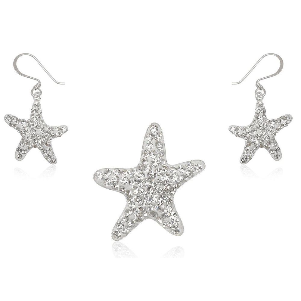 Set Pendant and Earrings White Crystal Stars and 925 Silver