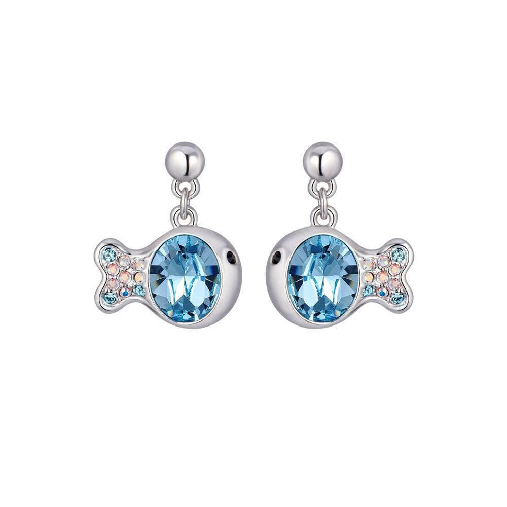 Swarovski - Blue Swarovski Crystal Elements Fish Earrings and Rhodium Plated