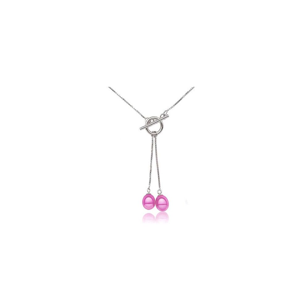 Pink beads necklace dual This pendant has 2 real pearls freshwater high quality AAA-shaped drop of 7 to 8 mm. 925 sterling silver mount. 925 silver chain closes with a toggle clasp in white gold plated. The front door clasp that adds a touch of originality to the collar! Pearl type: freshwater cultured Quality: AAA Pearl size: 7-8 mm Shape: oval Color: pink Frame: silver Chain Length: 40 cm Length of connecting chains beads necklace: 2.5cm and 3cm