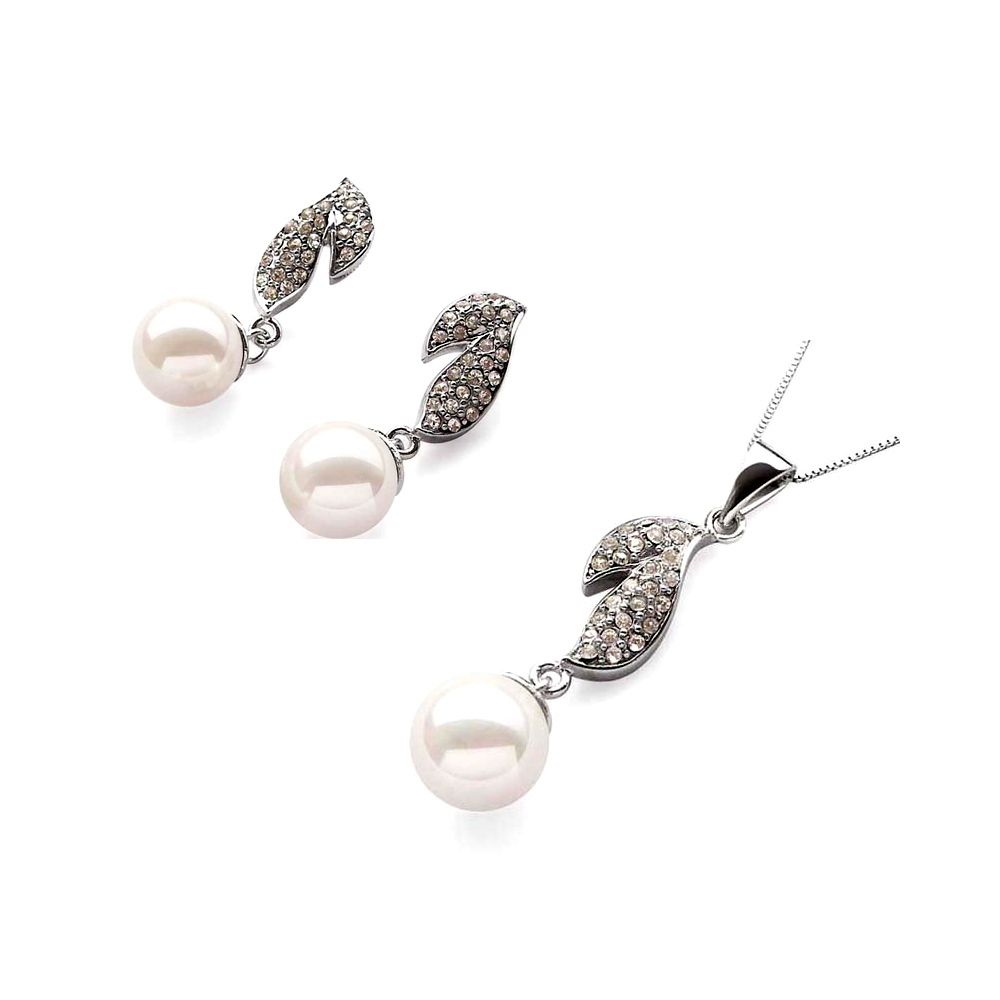 White imitation pearl in mother-of-pearl Pendant and Earrings Set and 925 Silver