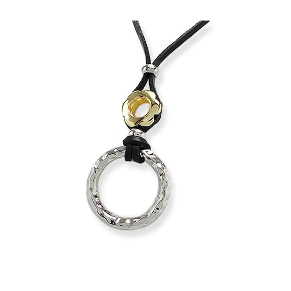 Brown Leather, Silver and Gold Circles Necklace