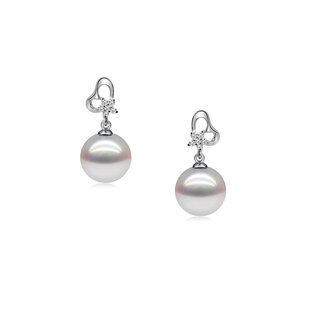 White Freshwater Pearls, Cubic Zirconia and 925 Silver Hearts Earrings