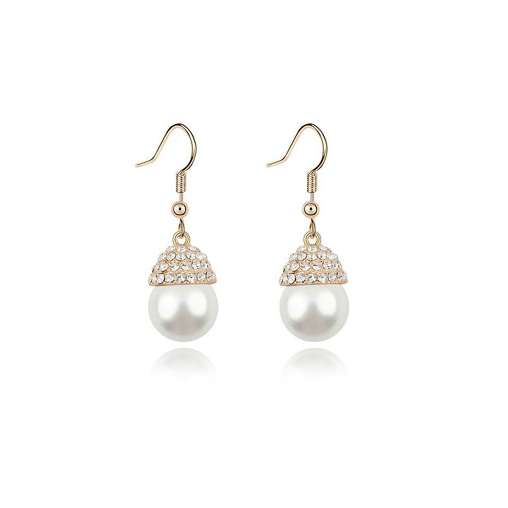 White Pearl and Crystal Drop Earrings and Yellow Gold plated