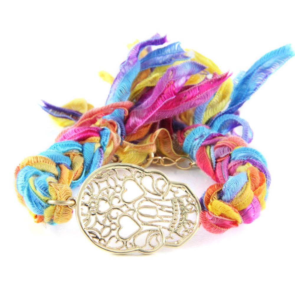 Ettika - Multicolor Ribbons and Yellow Gold Skull Bracelet