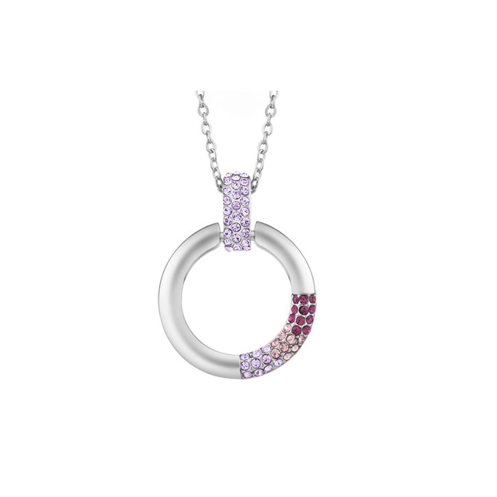 Purple Swarovski Crystal Elements Circle Pendant This beautiful pendant, exclusive design and unparalleled beauty in the shape of a circle. Small crystals Swarovski Element pink, purple and fuchsia crimp the circle. This pendant is reversible because his back is worked: it has small motifs of circles and round black enamel. Mount high-alloy Rhodium plated for a perfect finish and extreme shine. This dazzling pendant sublimate your neck! Dimension : 2.2 cm x 3 cm Supplied with Rhodium plated chain and adjustable from 41 cm (+5 cm)